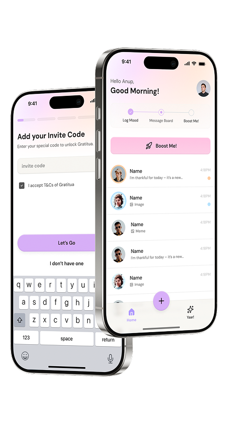 iPhone app mockup showing Gratitua interface